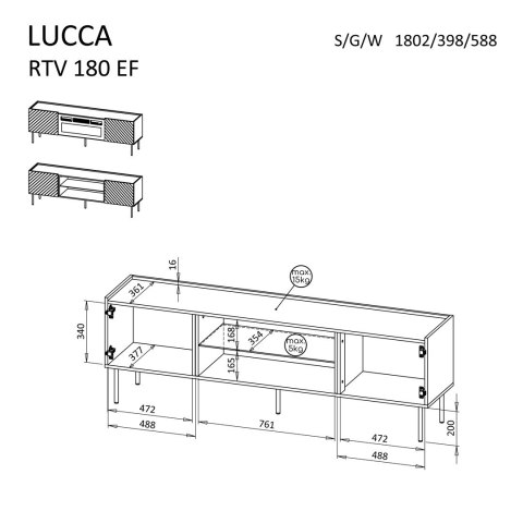 Szafka RTV LUCCA 180x40x59 kaszmir + kominek czarny Szafka RTV LUCCA 180x40x59 kaszmir + kominek czarny