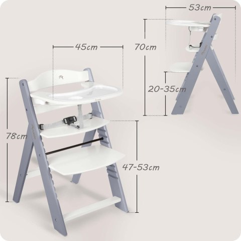 Drewniane krzesełko do karmienia Nelo Nukido regulowane z tacką 6m+ - szare