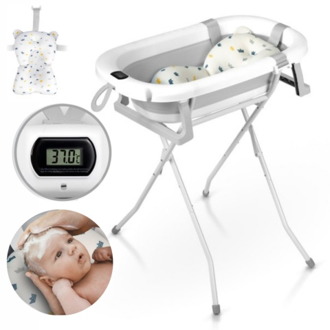 Wanienka składana dla dzieci, niemowląt ze stelażem, termometrem i wkładką Ricokids RK-287 biało-szara