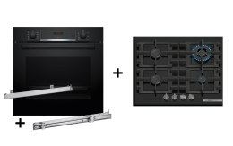 Zestaw piekarnik BOSCH HBA514BB3 + prowadnice teleskopowe BOSCH HEZ538000 + płyta gazowa BOSCH PNH6B6K40